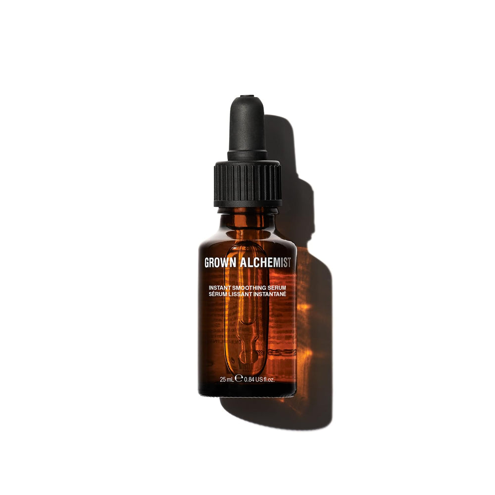 Grown Alchemist Instant Smoothing Serum bottle close-up highlighting hydration.