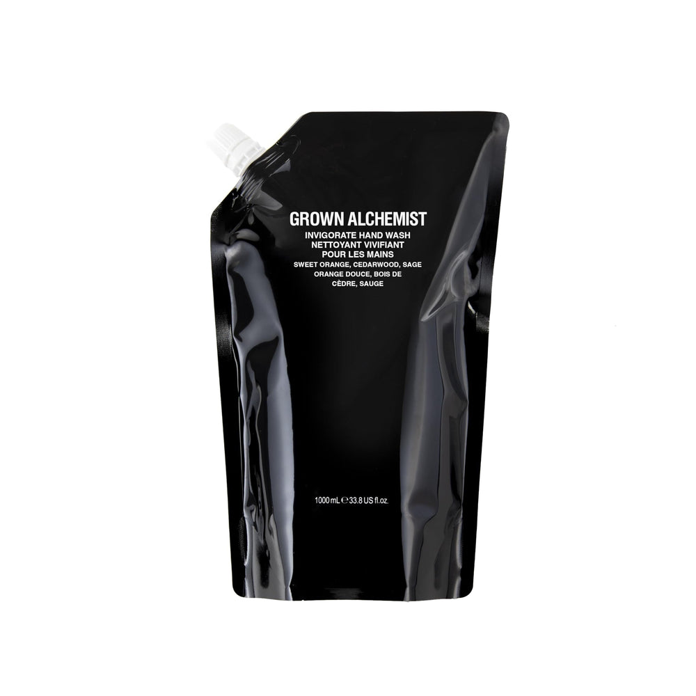 Grown Alchemist Invigorate Hand Wash Refill bottle close-up highlighting aloe for soft skin