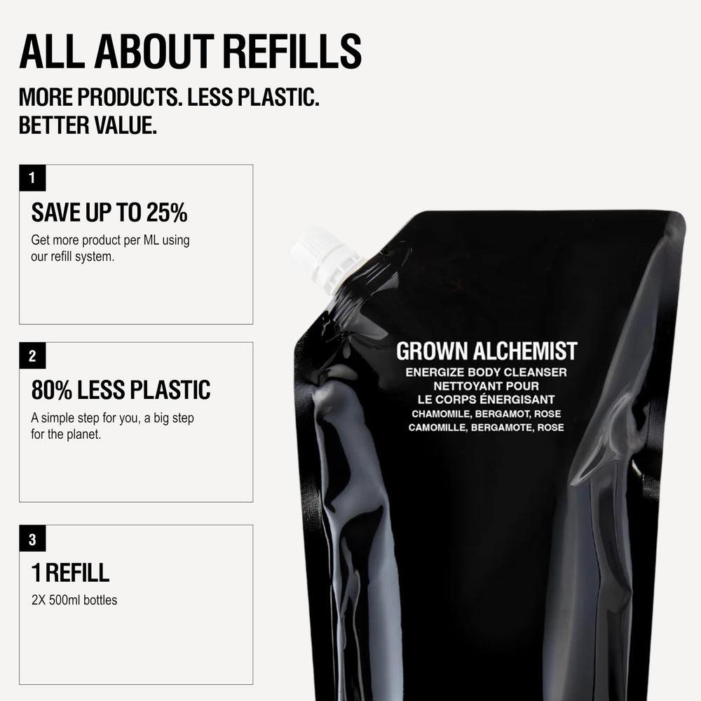 Grown Alchemist Invigorate Hand Wash Refill label highlights vegan, cruelty-free formula and botanicals