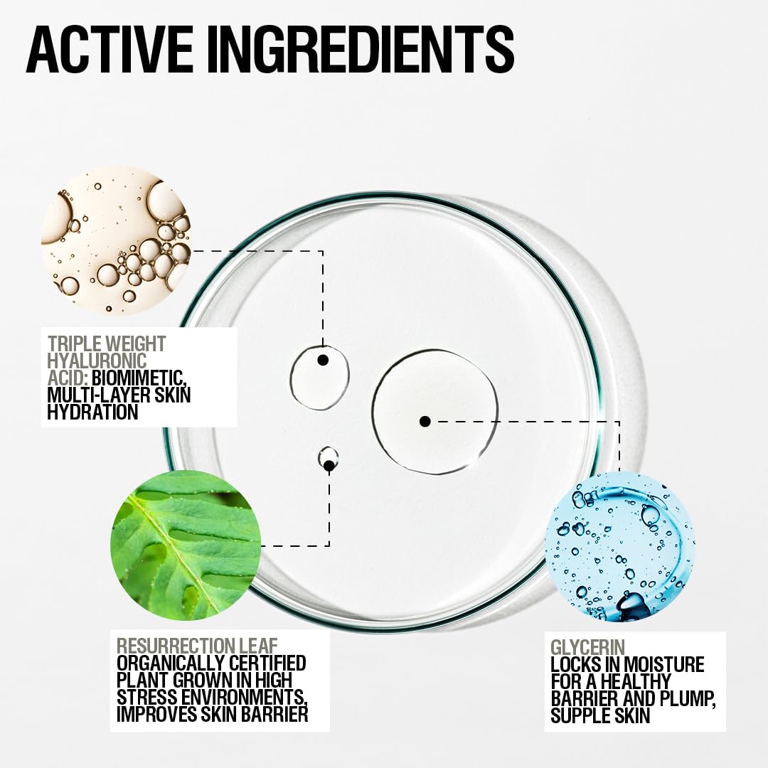 Texture swatch shows triple-weight hyaluronic acid for plump skin.