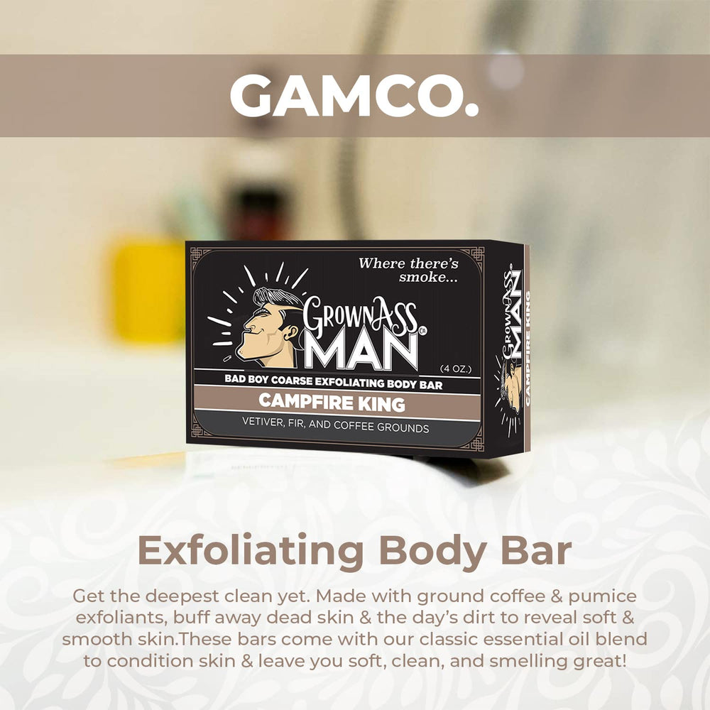 Grown Ass Man Co. Campfire King bar close-up shows exfoliant texture.