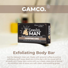 Grown Ass Man Co. Campfire King bar close-up shows exfoliant texture.