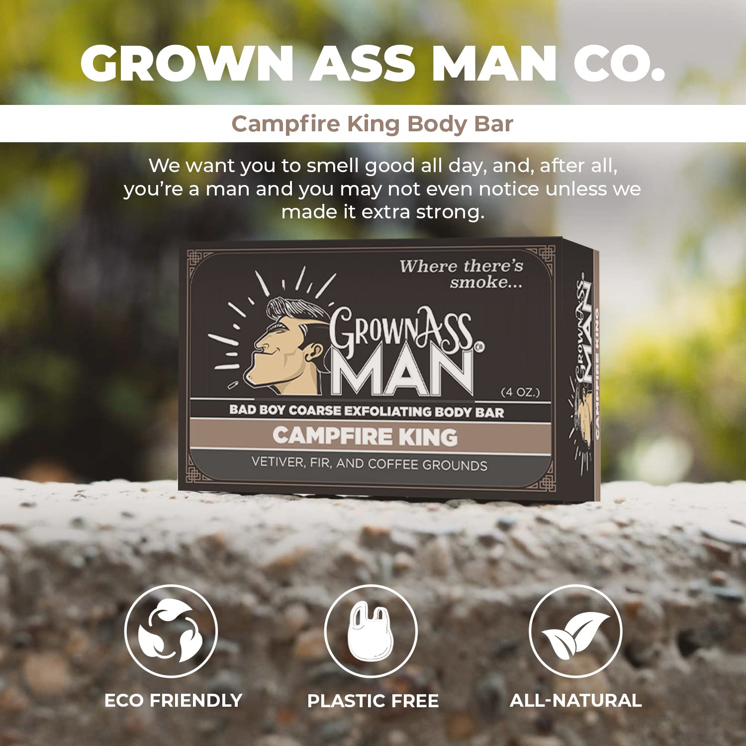 Grown Ass Man Co. Coarse exfoliant with coffee grounds texture.