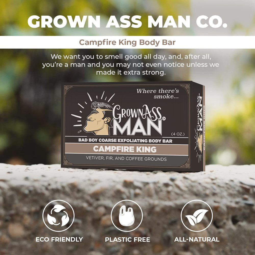 Grown Ass Man Co. Coarse exfoliant with coffee grounds texture.