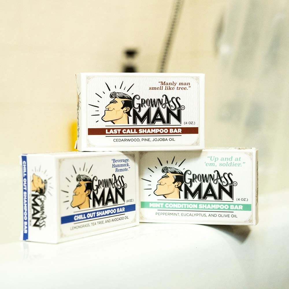 Grown Ass Man Co. shampoo bar used on beard for nourishing cleanse.