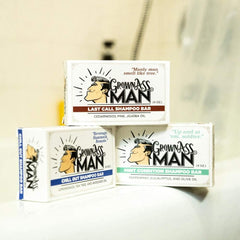 Grown Ass Man Co. shampoo bar used on beard for nourishing cleanse.