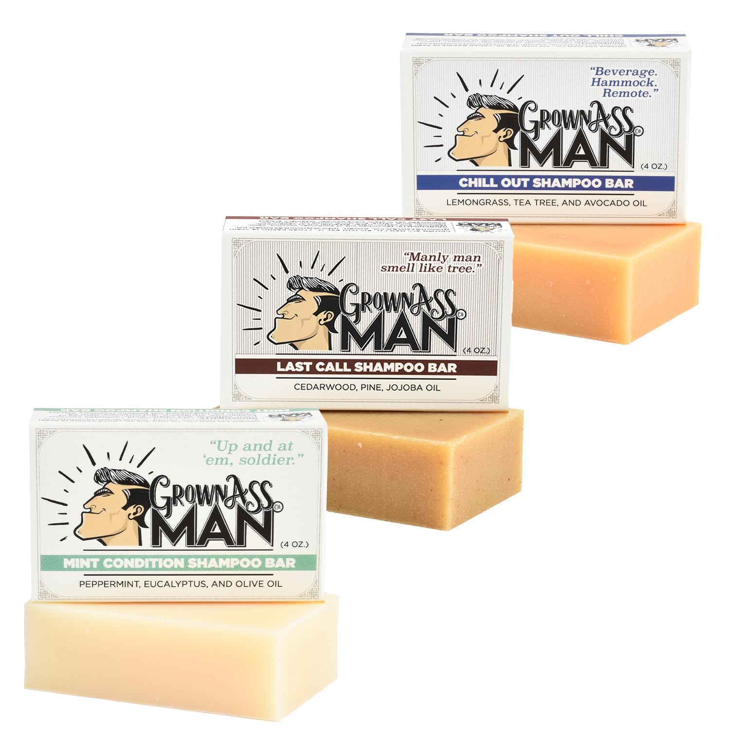 Grown Ass Man Co. solid shampoo bar label close-up highlighting rich lather and essential oils.