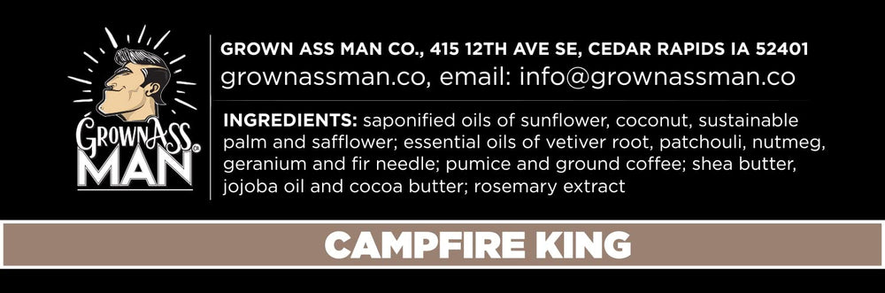 Grown Ass Man Co. Sustainable ingredients label highlights natural oils.