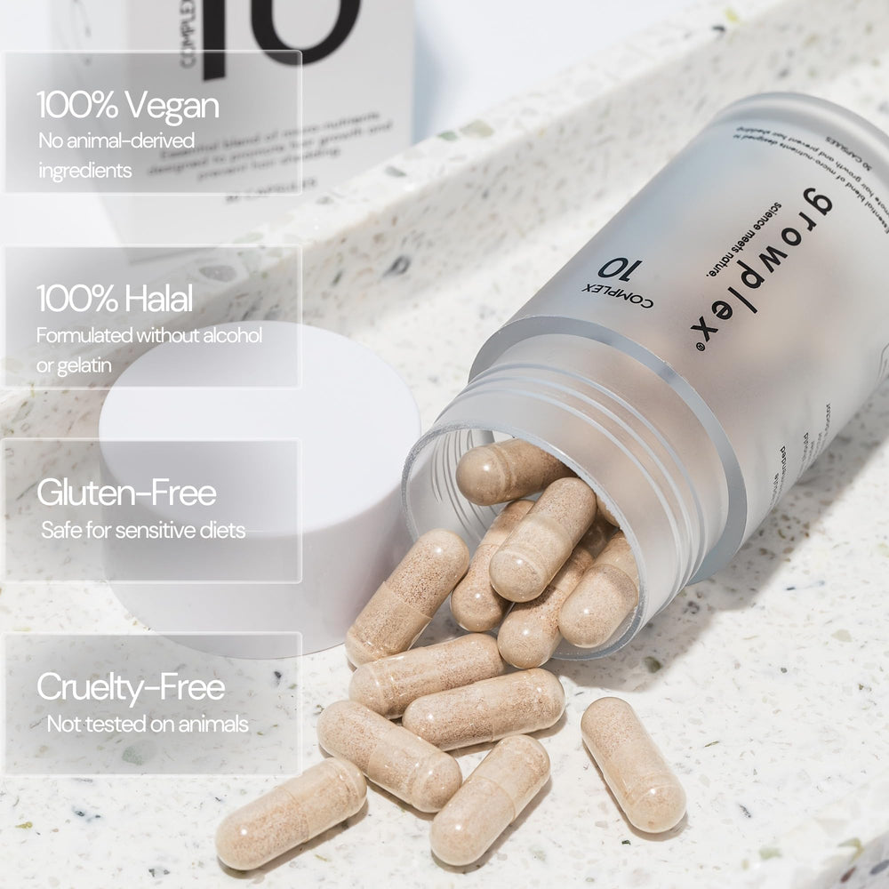 GROWPLEX Complex10 bottle side view hints at a 30-day routine.