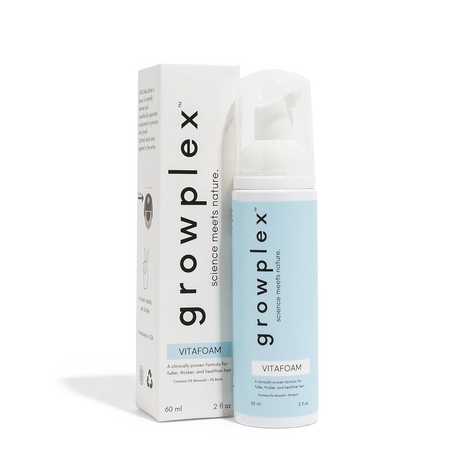 Growplex Vitafoam 5% Minoxidil bottle showing focused scalp support for thinning areas