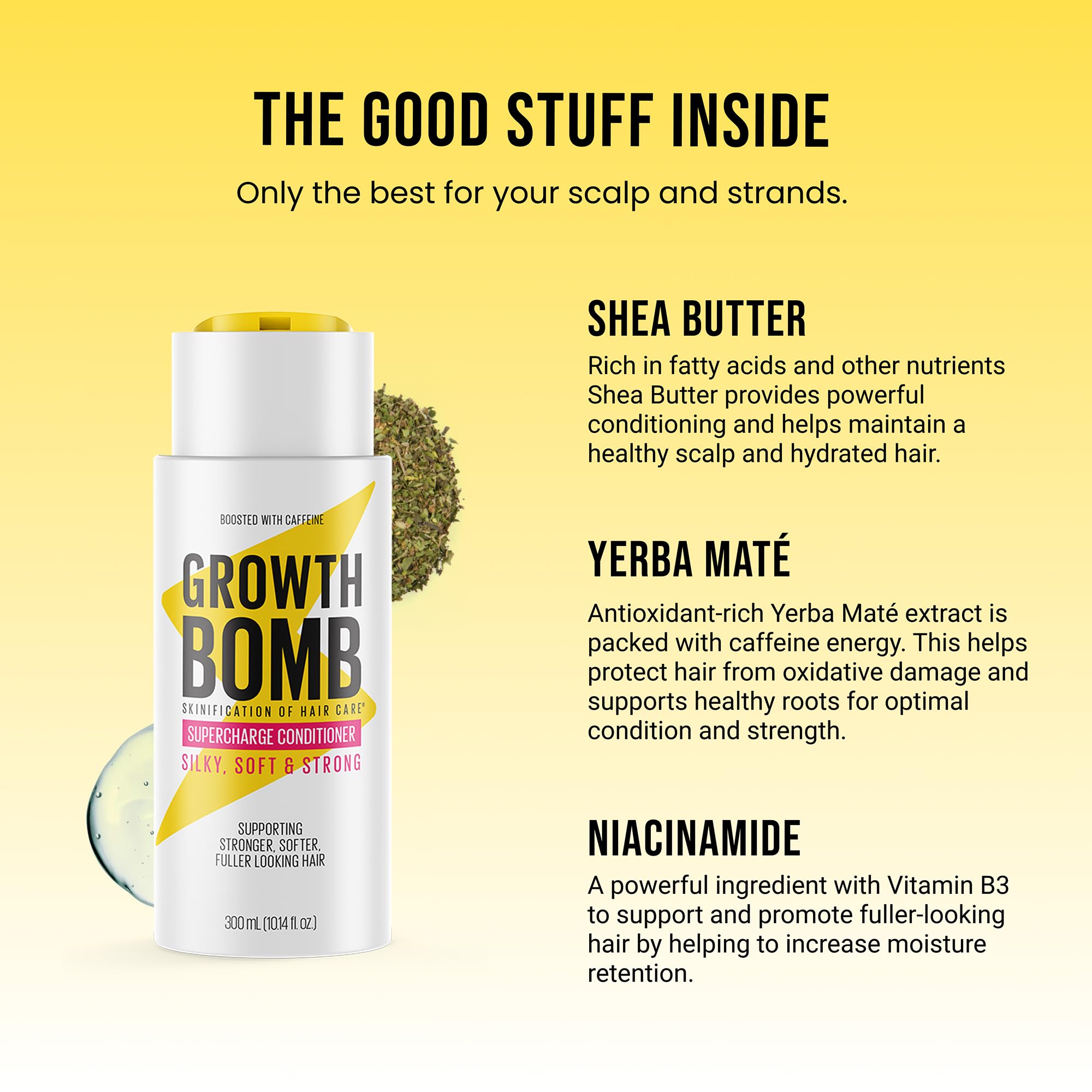 Growth Bomb Supercharge Conditioner hand application shows smoothing formula