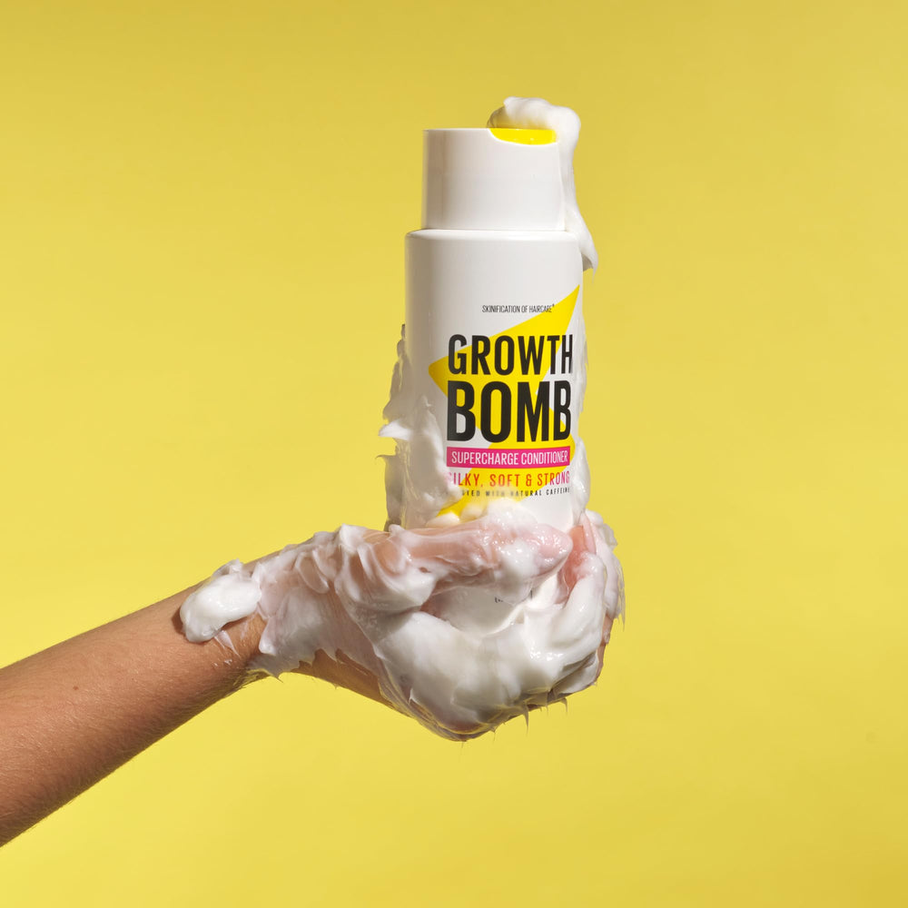 Growth Bomb Supercharge Conditioner with silky finish on styled hair