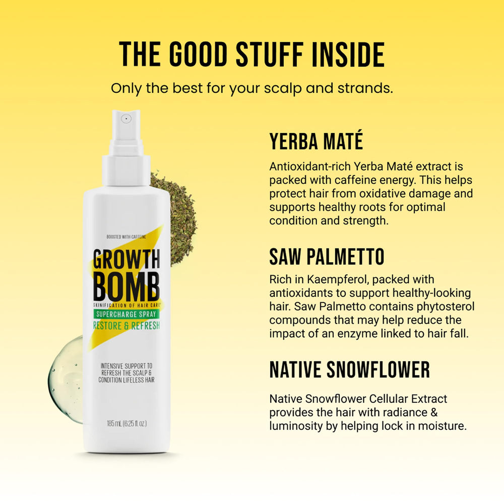 Growth Bomb Supercharge Spray bottle closeup showing mist for even coverage.
