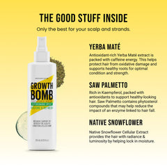 Growth Bomb Supercharge Spray bottle closeup showing mist for even coverage.