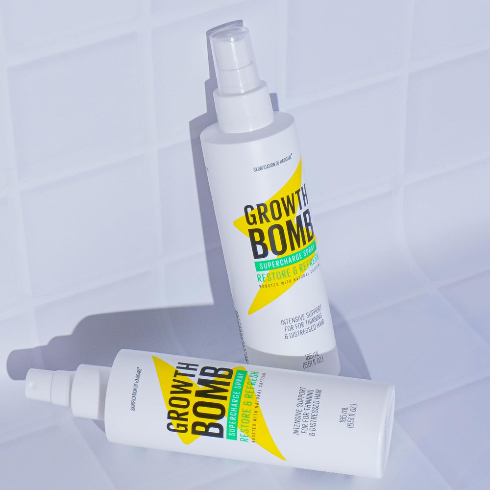 Growth Bomb Supercharge Spray detangles hair for smoother styling.