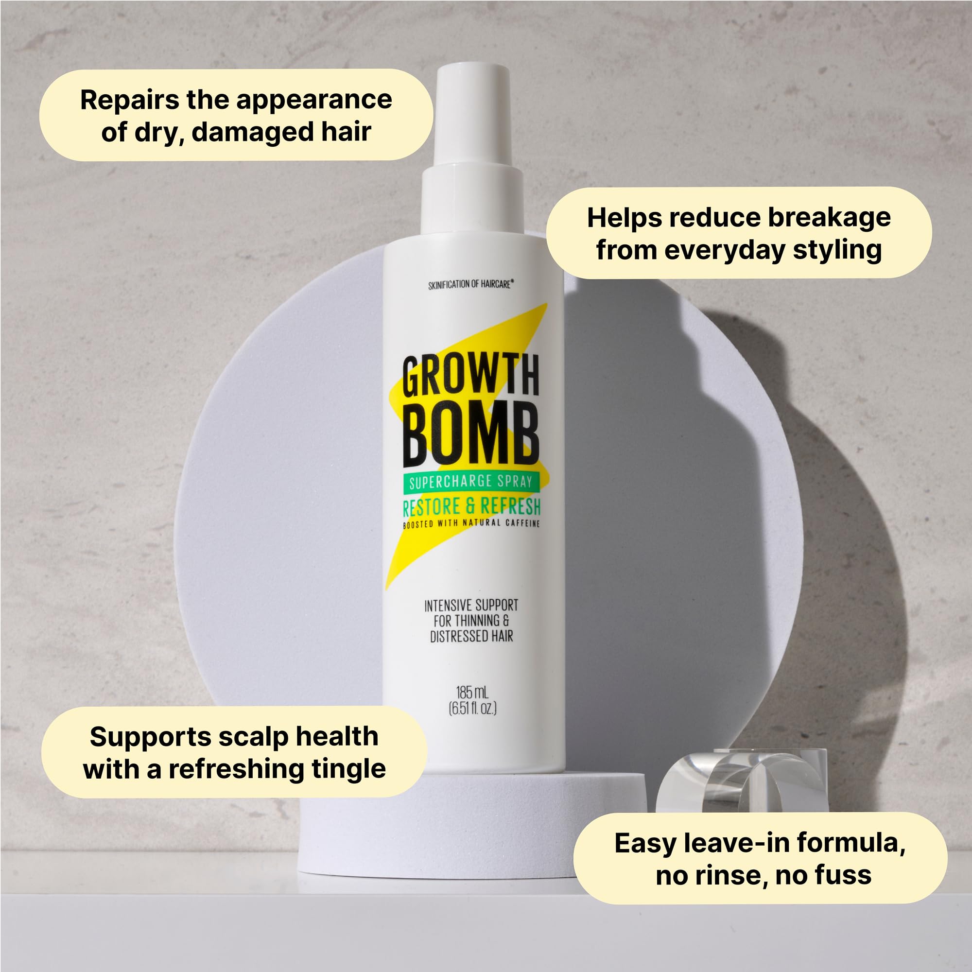 Growth Bomb Supercharge Spray scalp application with cooling tingle detail.