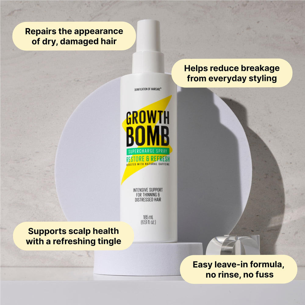 Growth Bomb Supercharge Spray scalp application with cooling tingle detail.