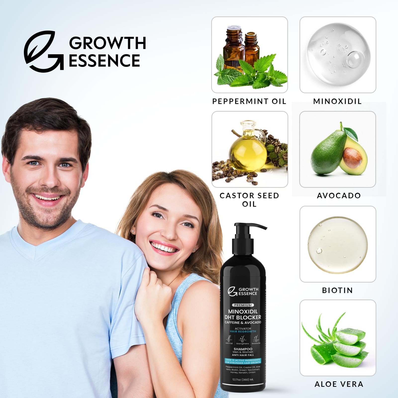 Growth Essence Minoxidil Shampoo castor oil detail suggests moisture and shine for strands