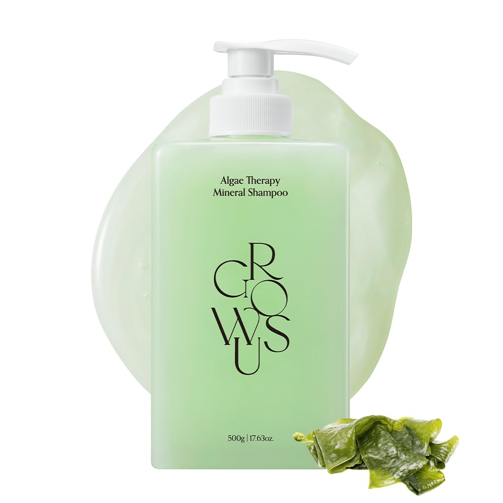 GROWUS Algae Therapy Shampoo bottle shows mineral-rich formula for scalp nourishment.