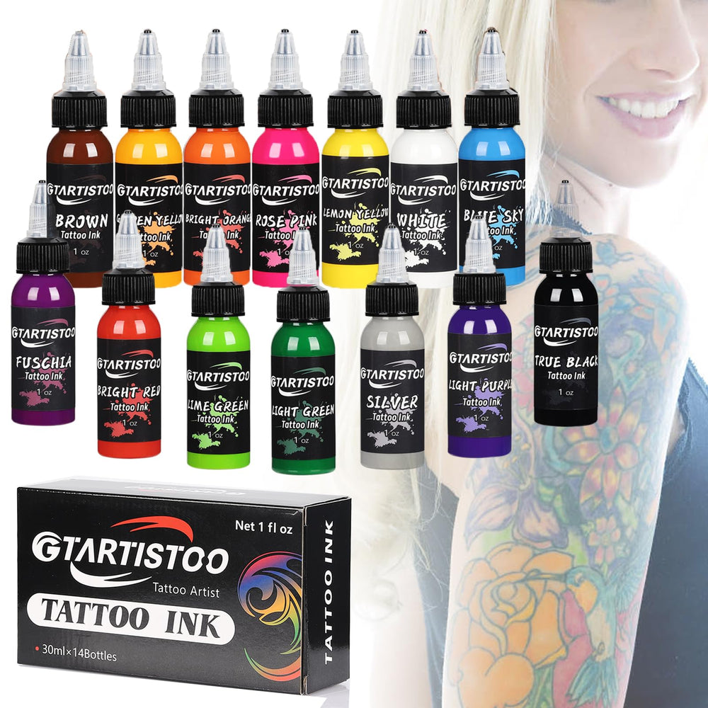 GTARTISTOO tattoo ink set with 14 colors in 1oz bottles for professional shading