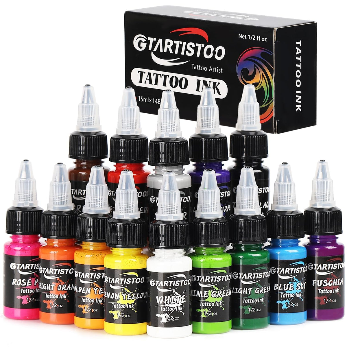 GTARTISTOO tattoo ink set with 14 vibrant colors in 15ml bottles for color variety.