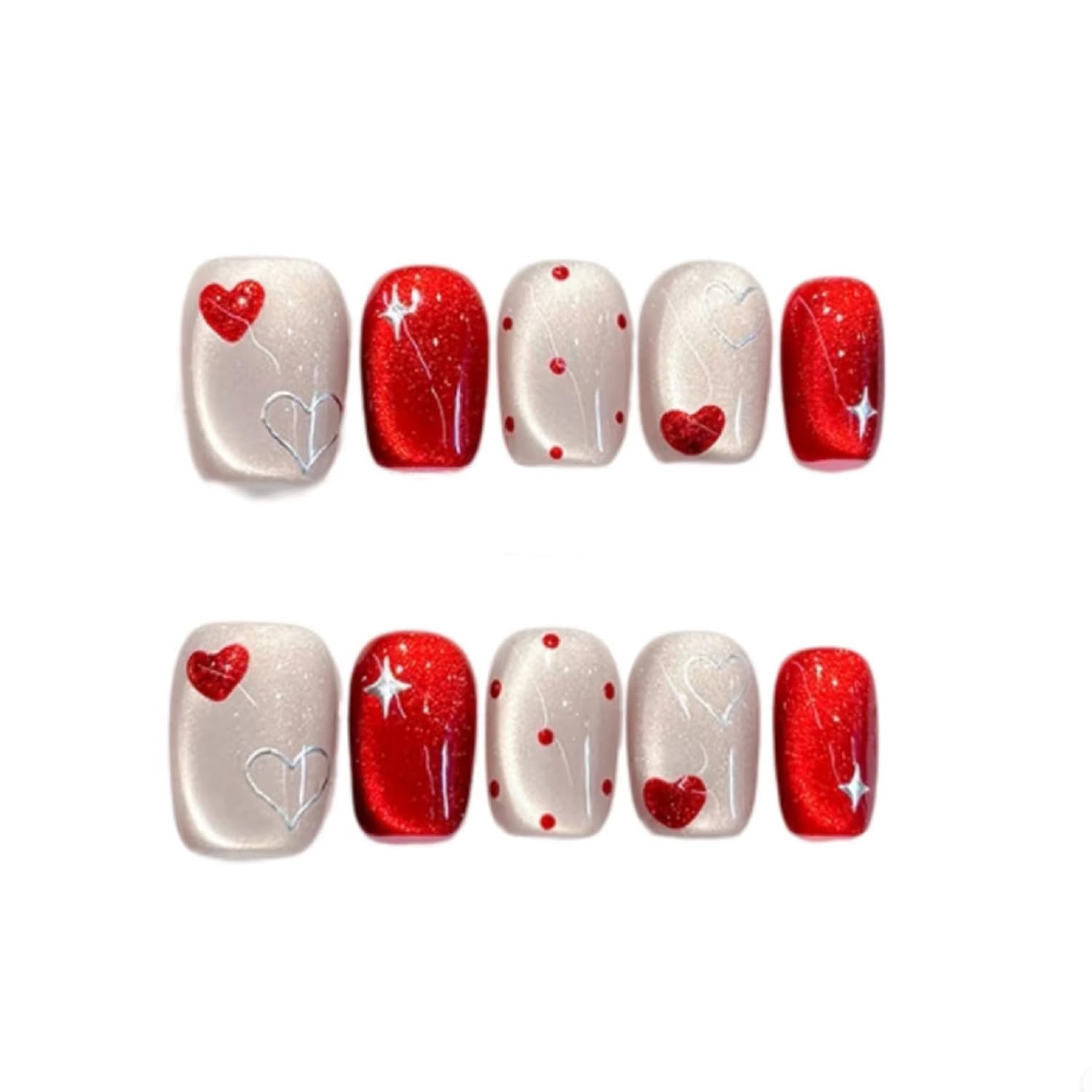 GUAACCB heart press-on nails in short coffin shape with glitter stars for fast, salon-style manicures