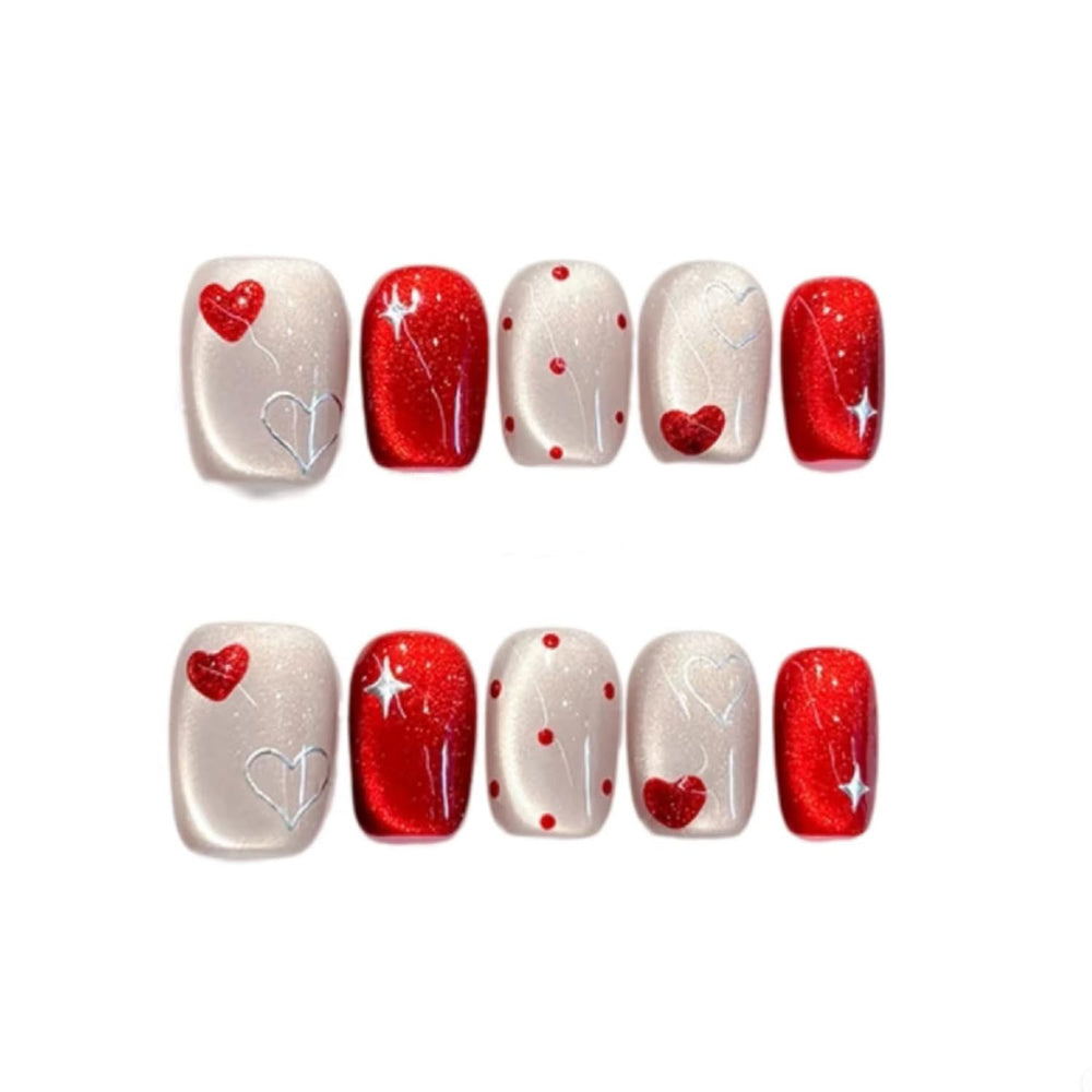 GUAACCB heart press-on nails in short coffin shape with glitter stars for fast, salon-style manicures