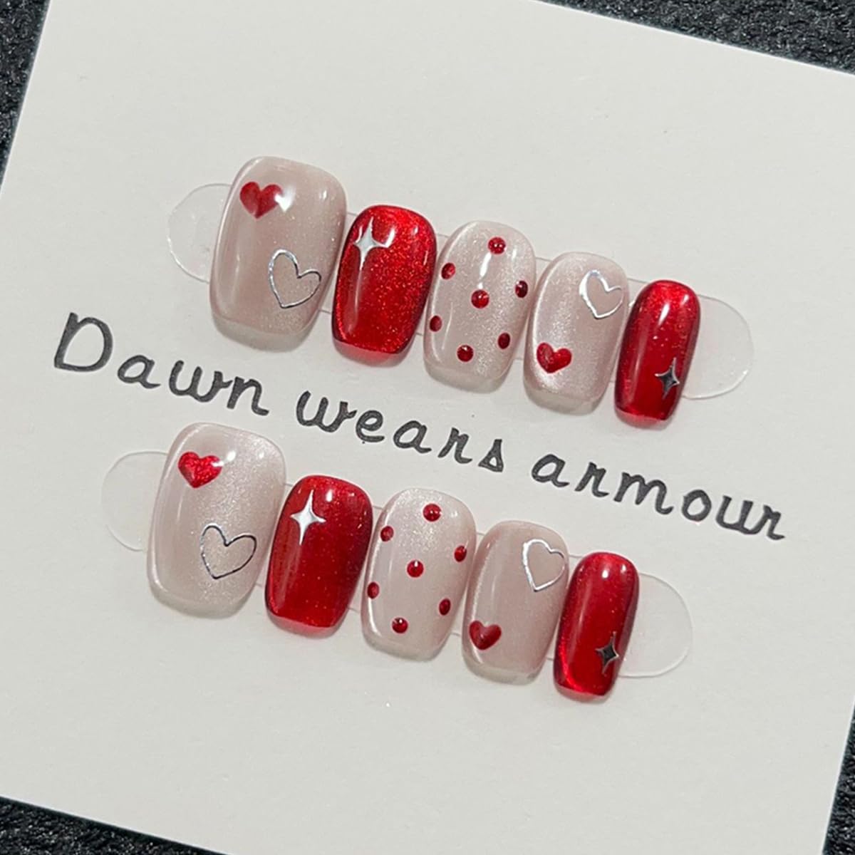 GUAACCB heart press-on nails with glitter stars for a quick date-night look