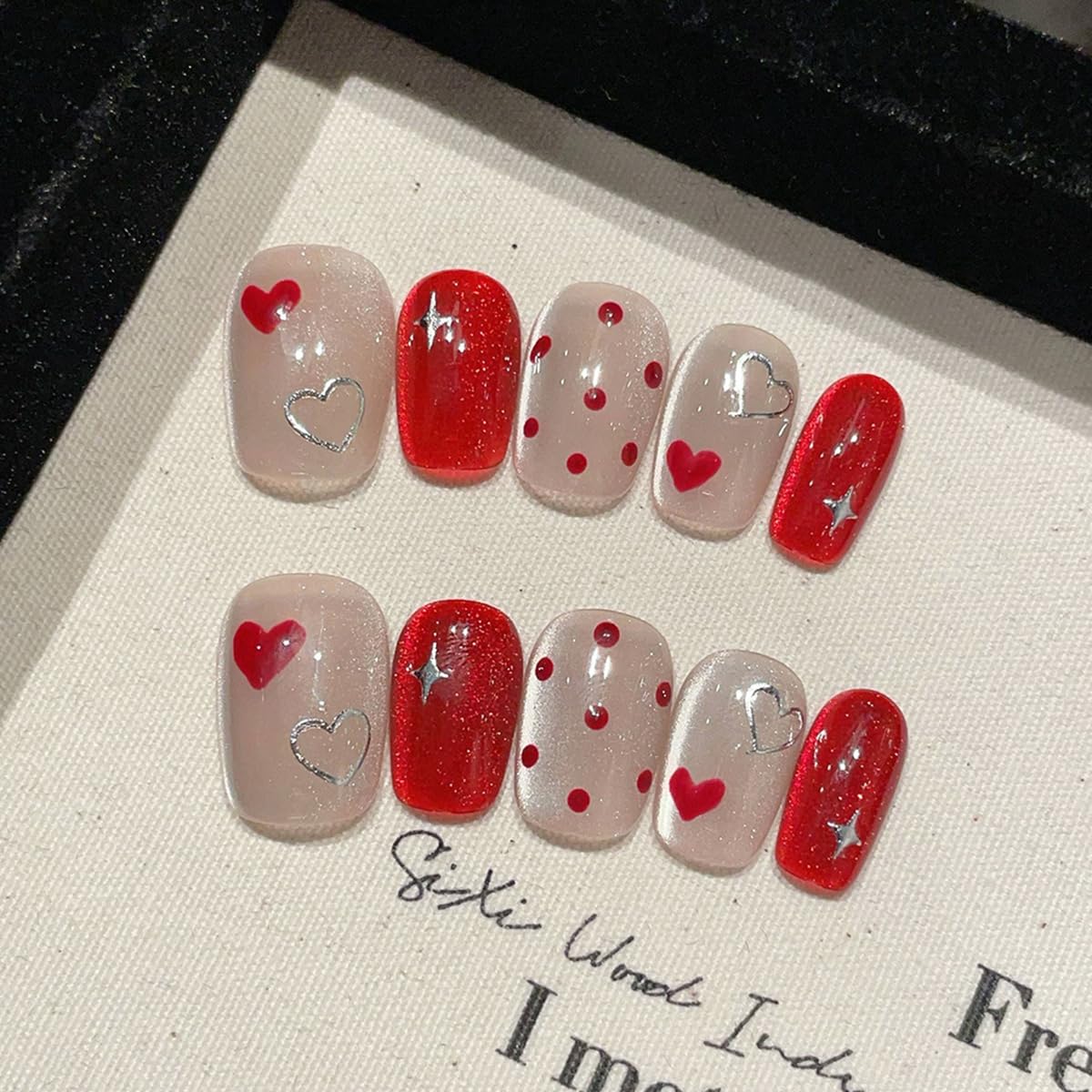 GUAACCB heart press-on nails set with 24 pieces and jelly glue stickers for easy wear
