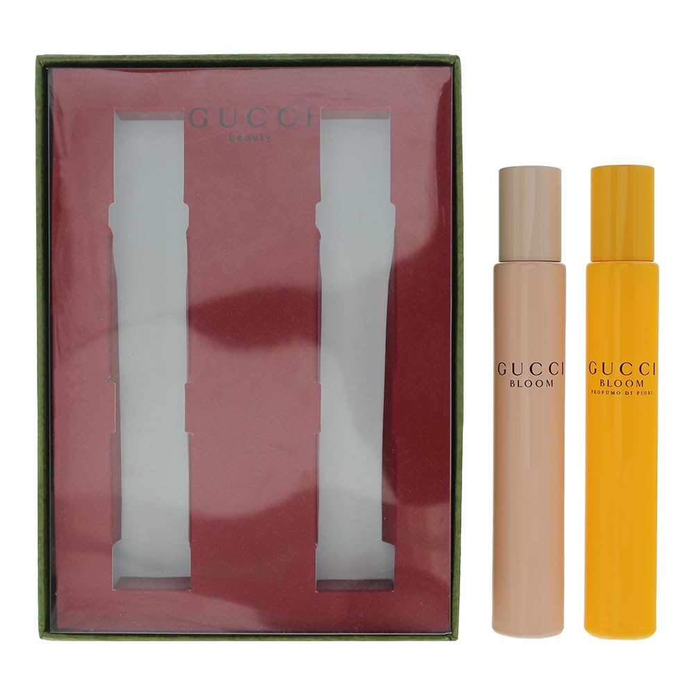 Gucci Bloom rollerball set packaging, premium gift-ready presentation.