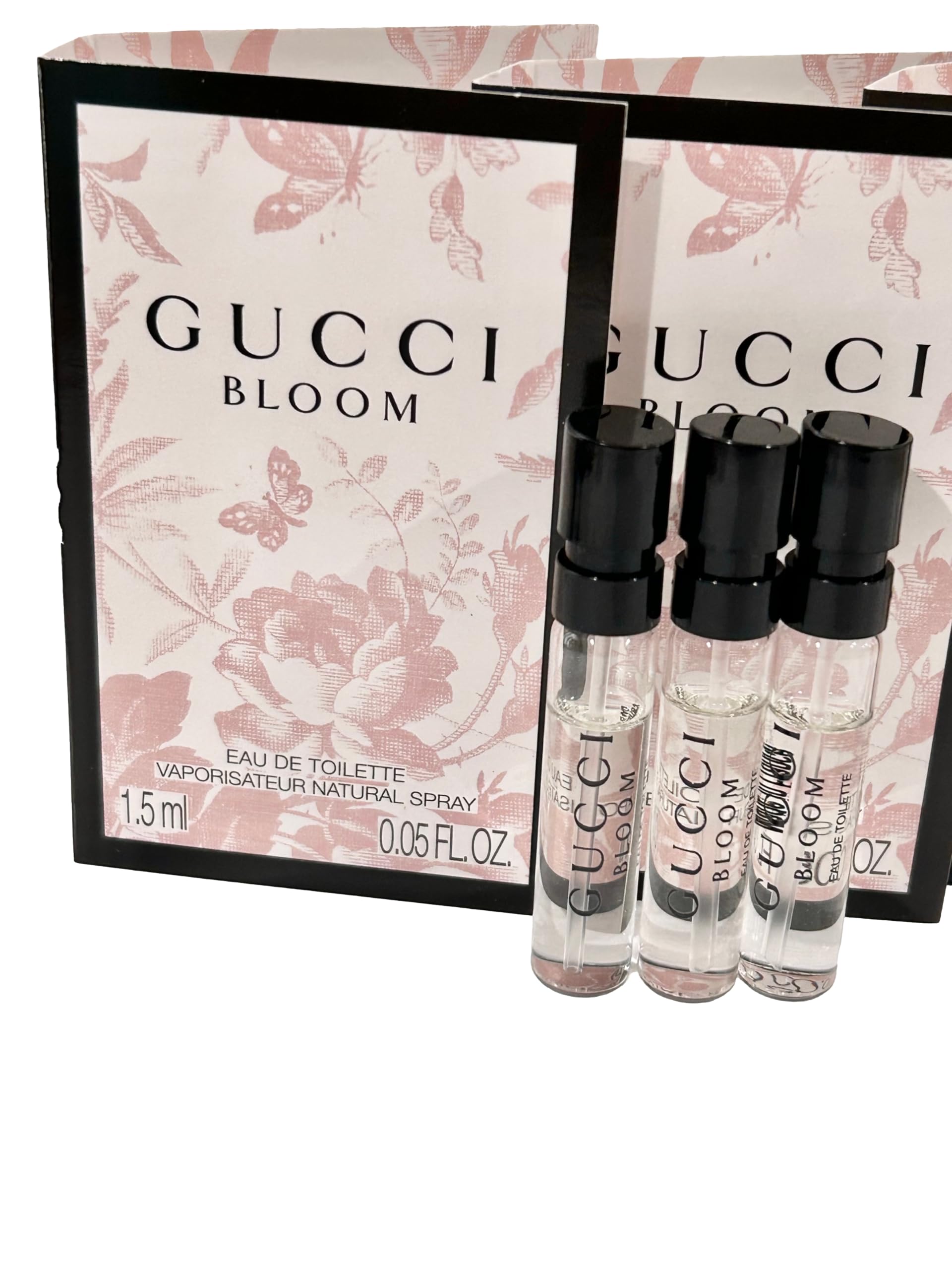 Gucci Bloom sample trio shows compact EDT bottles for easy packing.