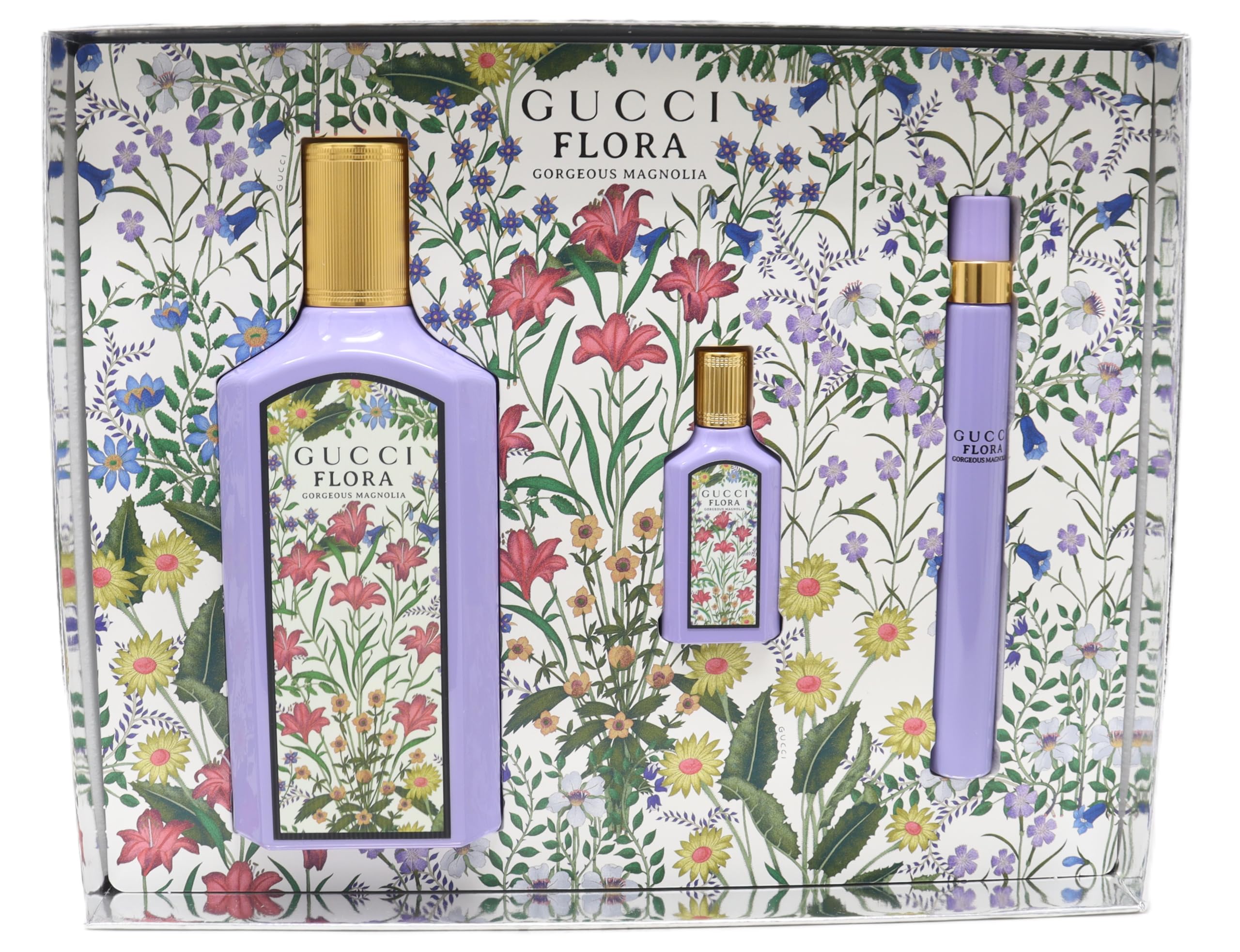 Gucci Flora Gorgeous Magnolia 100ml EDP spray, elegant gift-box presentation for gifting or daily fragrance.