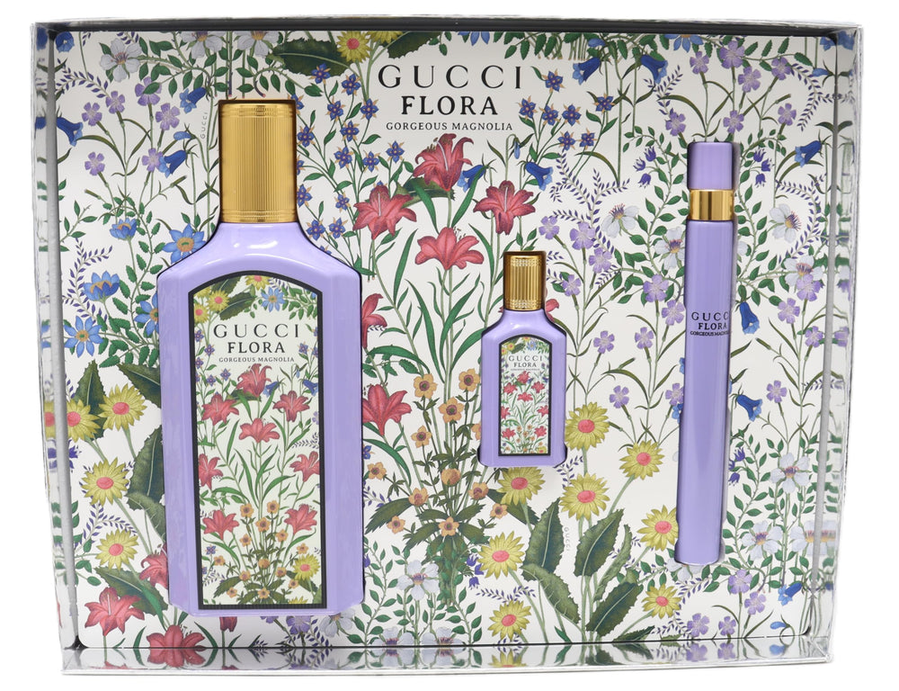 Gucci Flora Gorgeous Magnolia 100ml EDP spray, elegant gift-box presentation for gifting or daily fragrance.