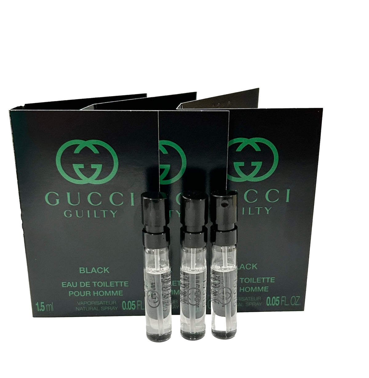 Gucci Guilty Black sample bottle front view, ideal for testing on the go.