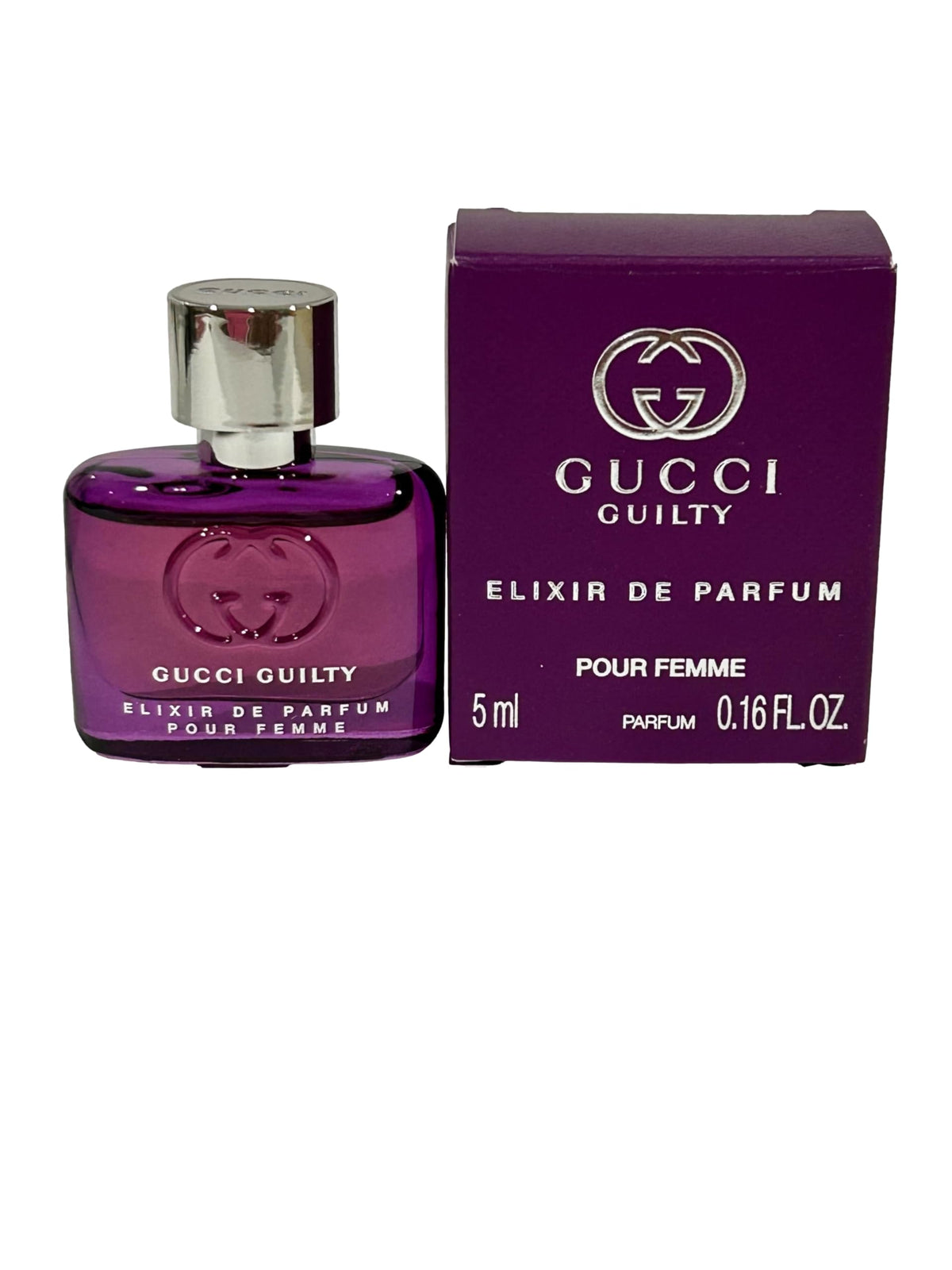 Gucci Guilty Elixir mini bottle front view for on-the-go elegance and discreet touch-ups.