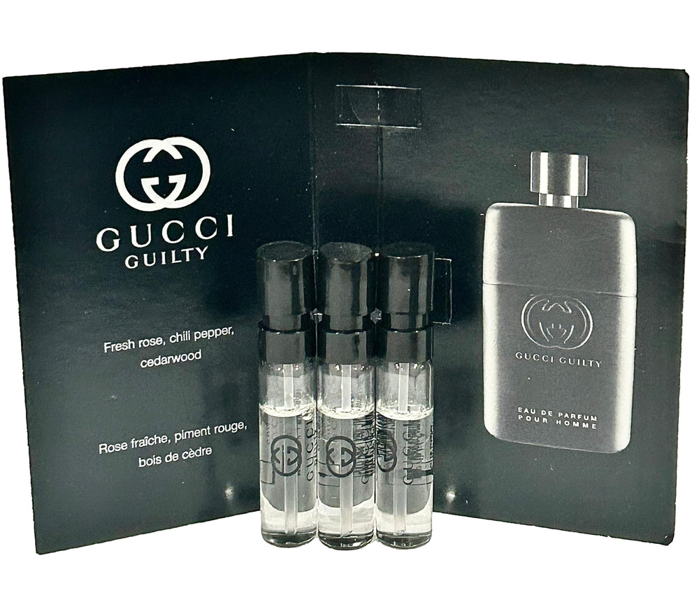 Gucci Guilty parfum spray 1.5 ml highlighting compact luxury for travel.