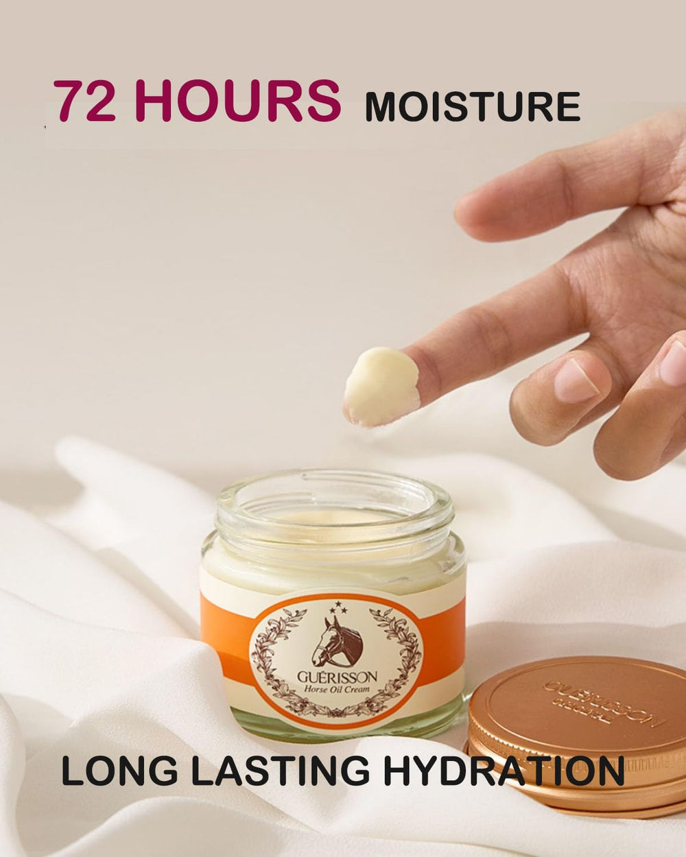 Close-up of GUERISSON 9 Complex Cream application showing quick absorption.