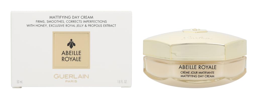Guerlain Abeille Royale Day Cream jar close-up highlighting premium texture for firmer skin.