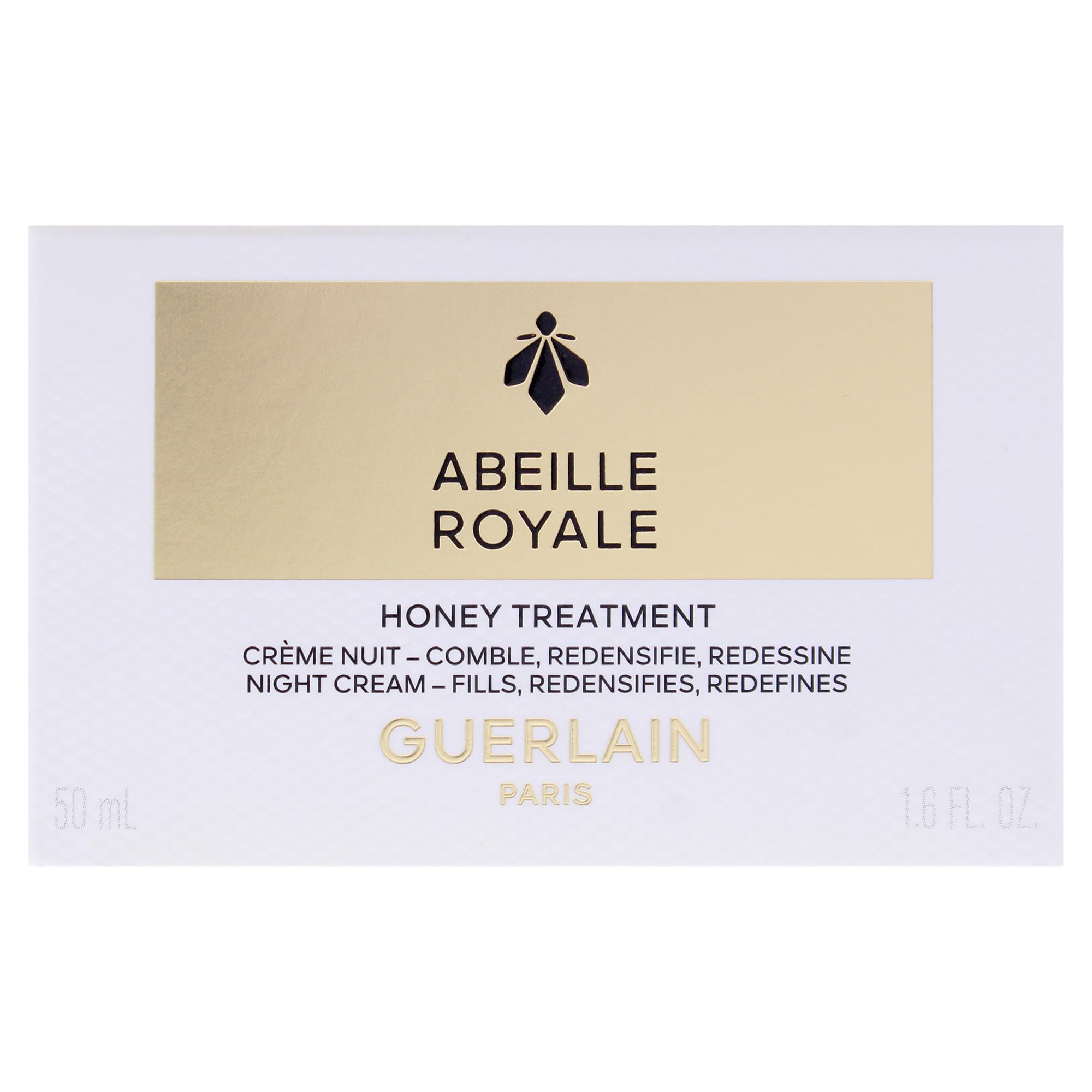 Close detail of Guerlain Abeille Royale jar branding on the product.