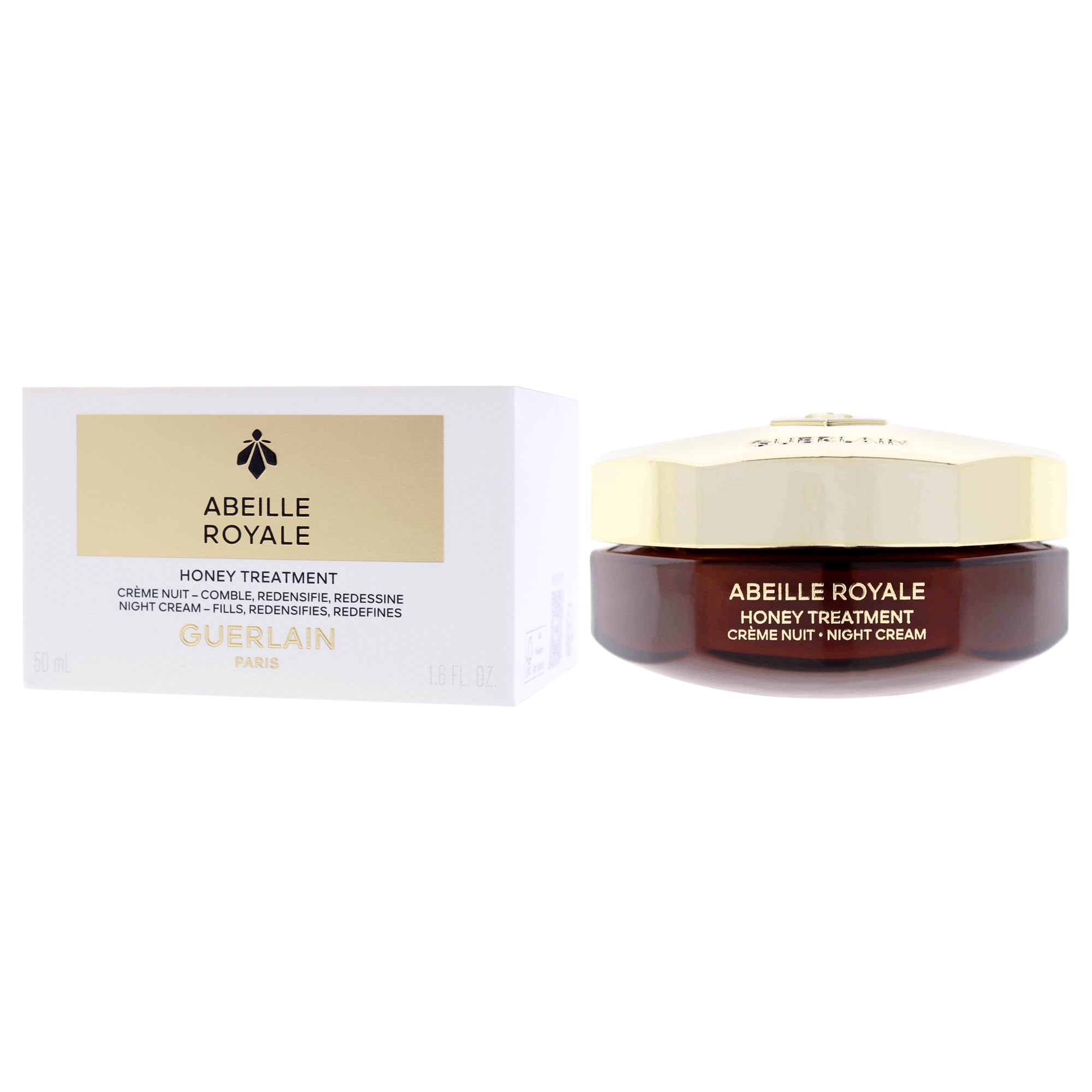 Nighttime routine scene with Guerlain Abeille Royale jar glowing softly.