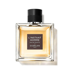 Guerlain L'Instant de Guerlain Pour Homme EDT bottle front, refined woody fragrance for daily wear.