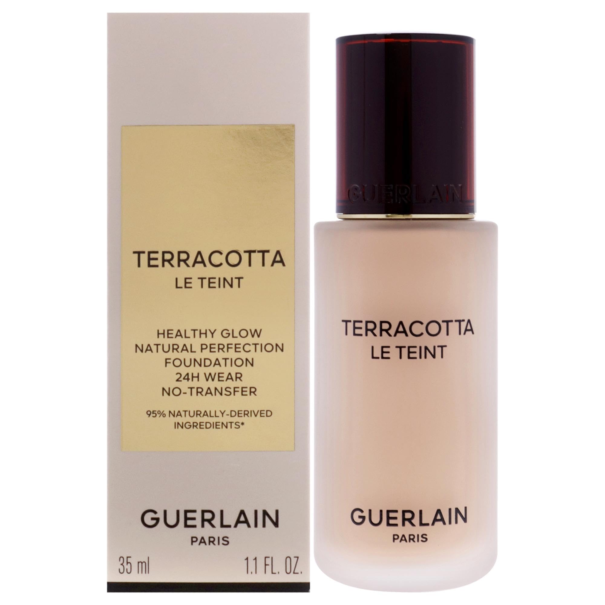 Guerlain Terracotta Le Teint bottle close-up, ultra-light texture for a barely-there finish.