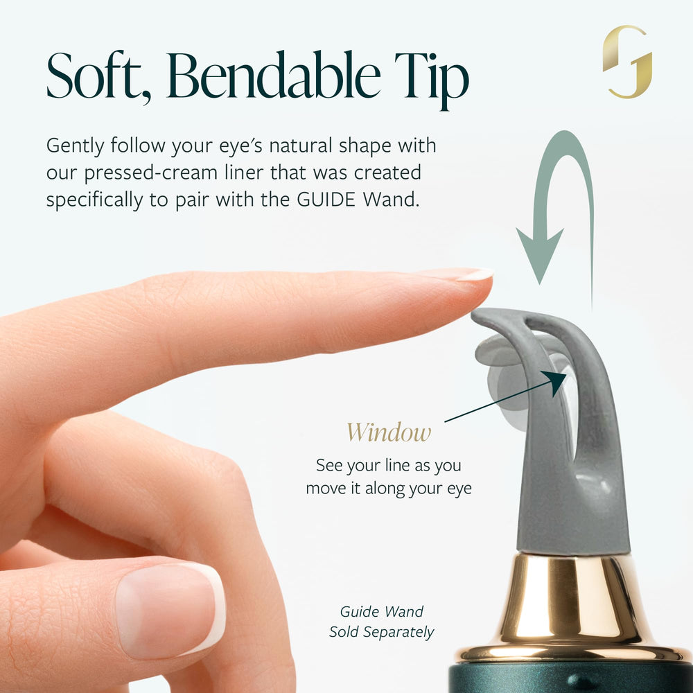 Waterproof and transfer-resistant GUIDE Line Luxe brown eyeliner in action