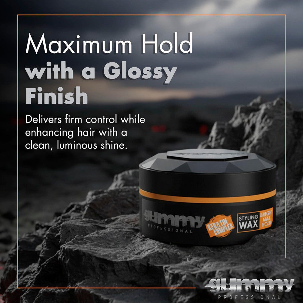 Gummy Bright Max Hold Wax applied to dry hair yields strong hold with shine.
