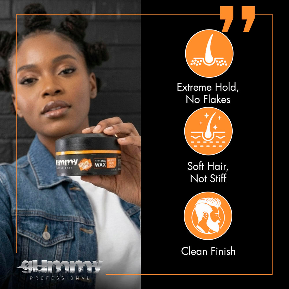 Gummy Bright Max Hold Wax demonstrates a high-shine finish for a polished look.