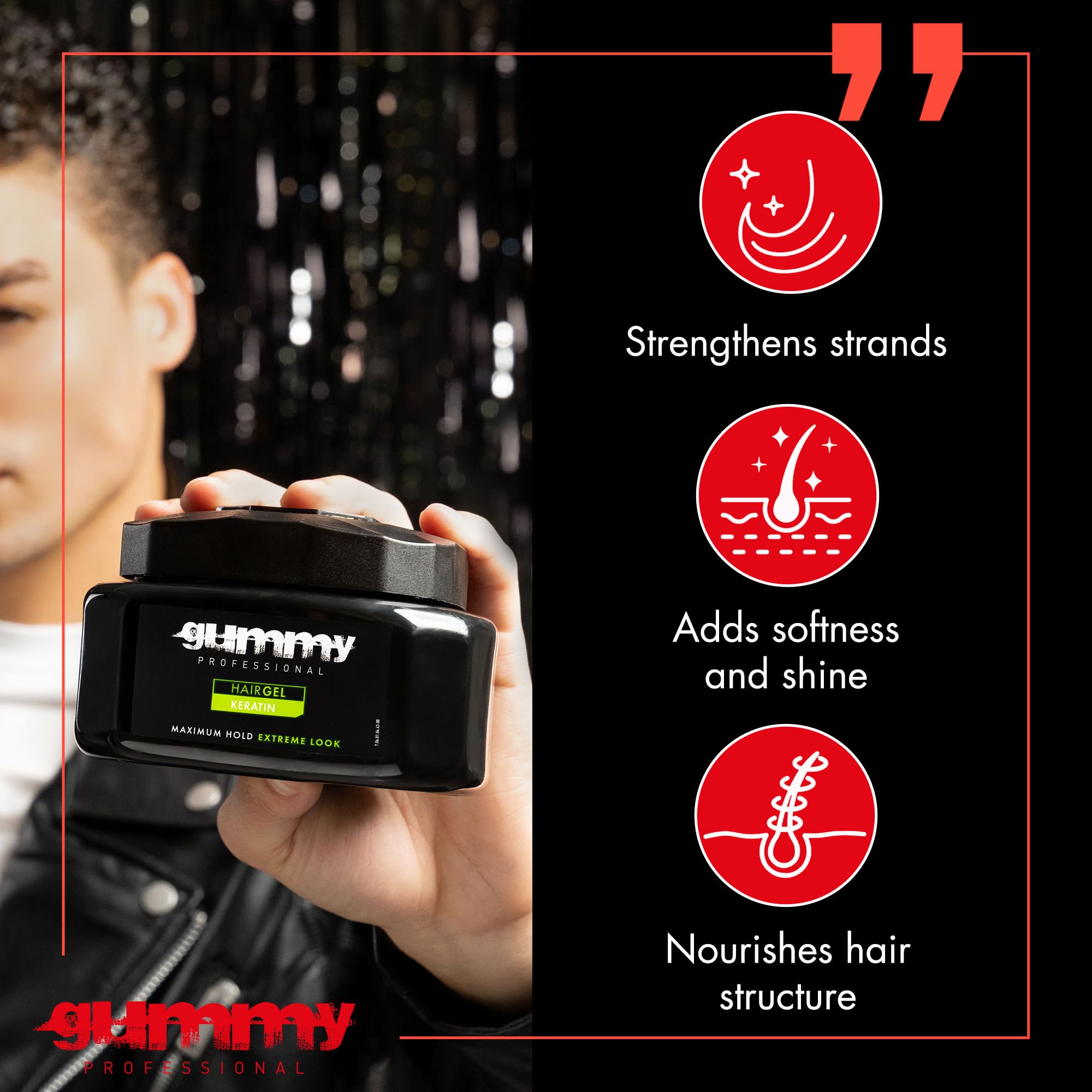 Gummy extreme hold hair gel dispense action emphasizes secure style without stiffness.