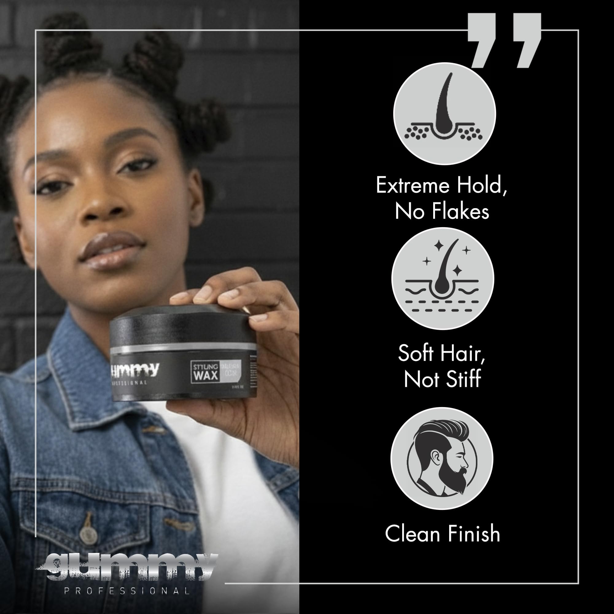 Gummy matte-finish wax hair texture close-up promotes casual, natural looks.