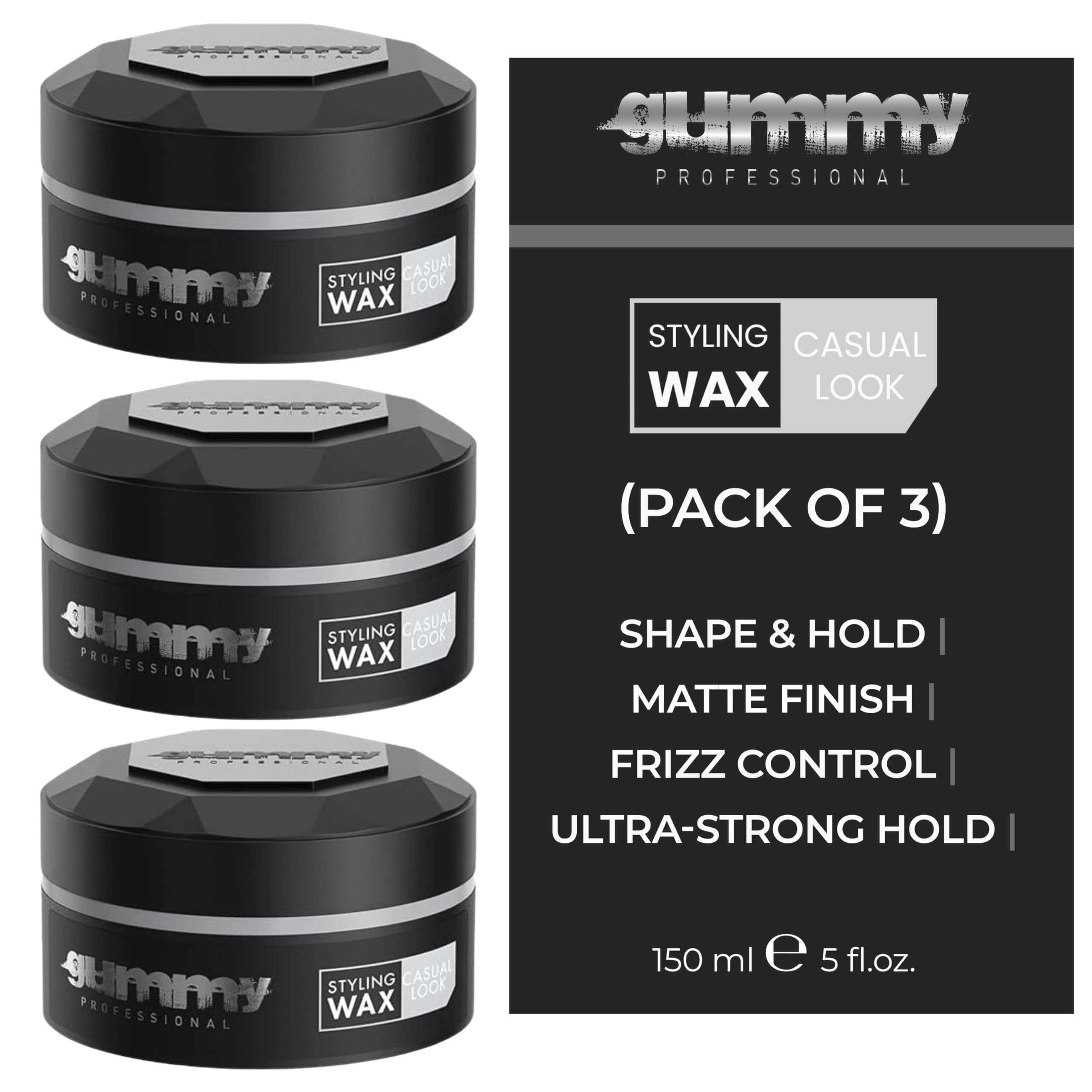 Gummy professional casual look wax pack of 3 tubes, subtle matte finish for natural texture.