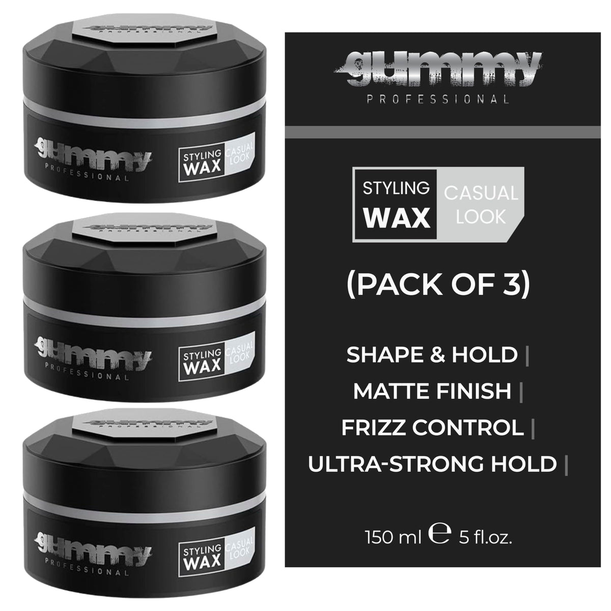 Gummy professional casual look wax pack of 3 tubes, subtle matte finish for natural texture.