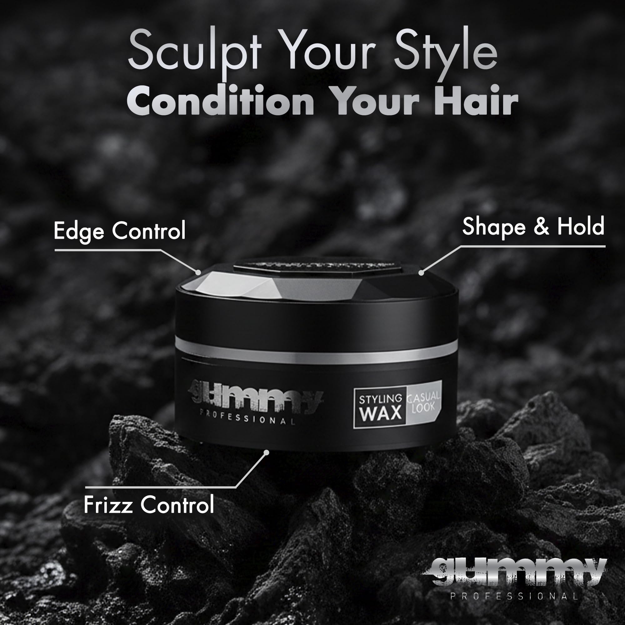 Gummy reworkable-control wax for restyling without heaviness.